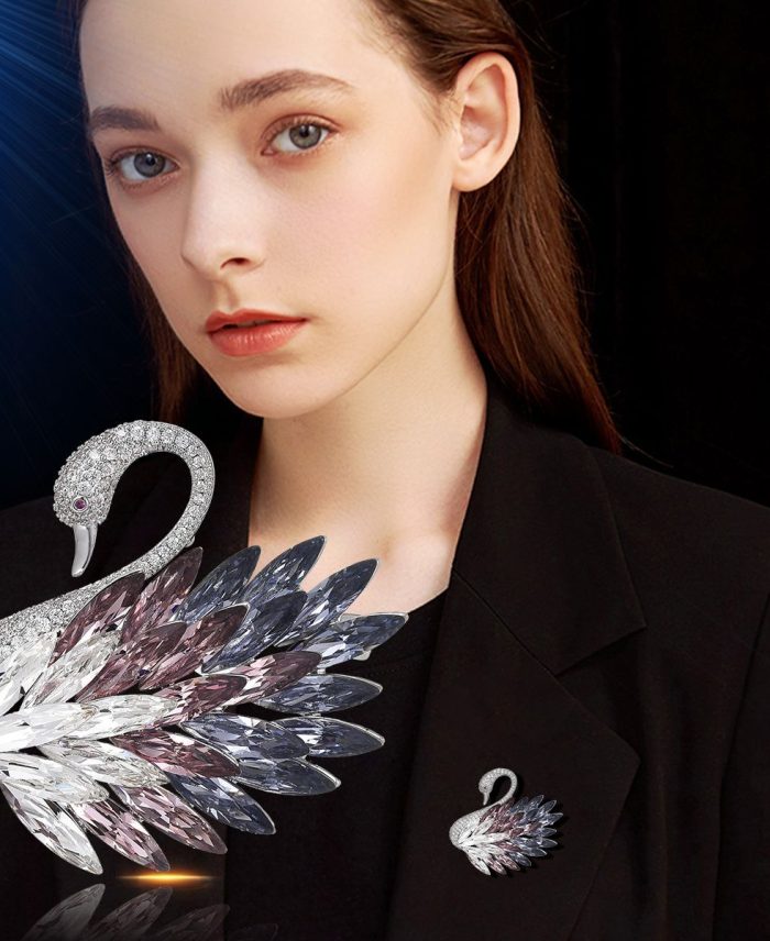‌elegant and fashionable crystal blue red ombré swan brooch for winter coats